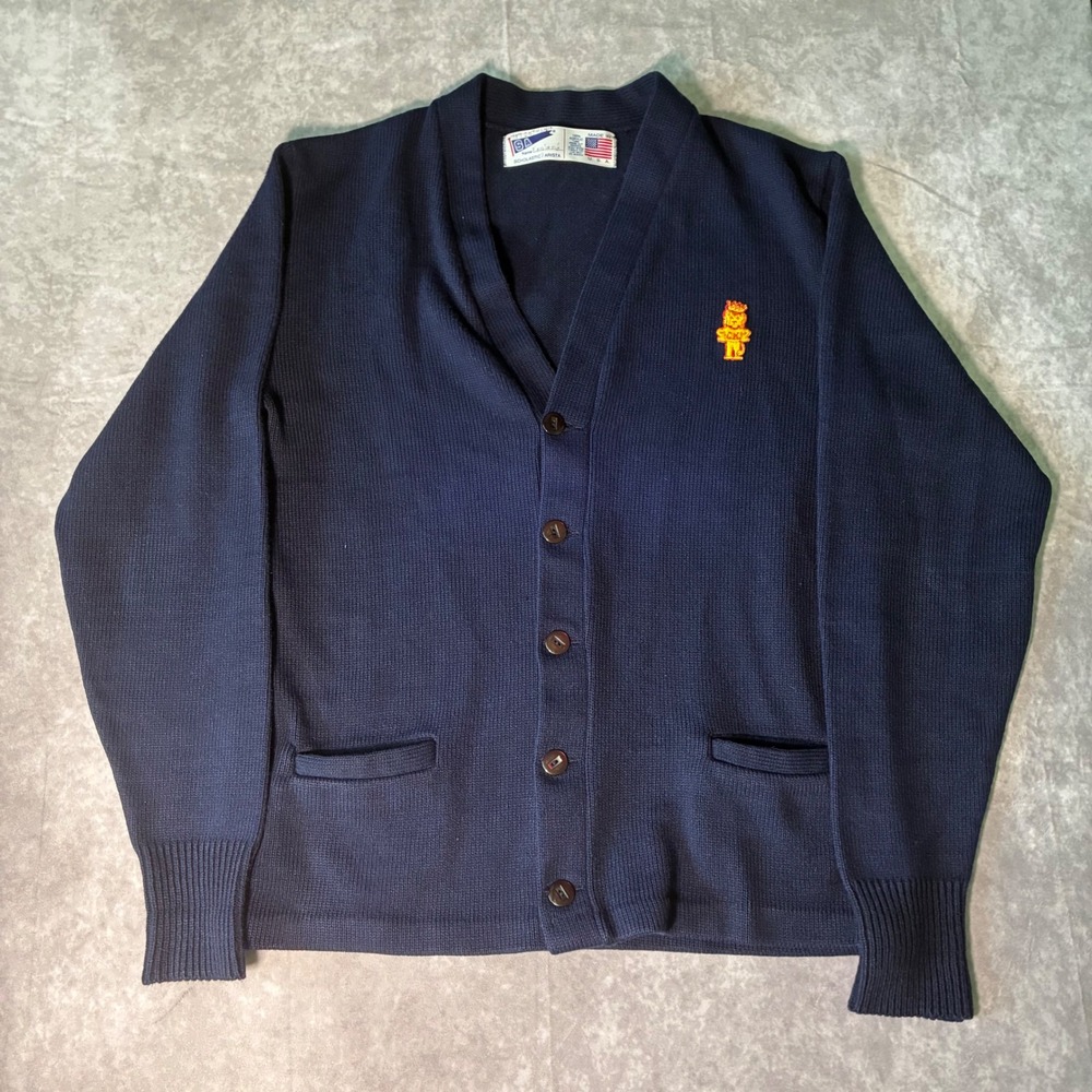 True Vintage Scholastic Arista Navy Blue Cardigan Sweater Lion Mascot Made inUSA